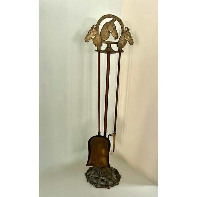 Solid Brass Fireplace Tools with Horse Head Handles & Stand - Set of 3 For Sale - Image 11 of 12