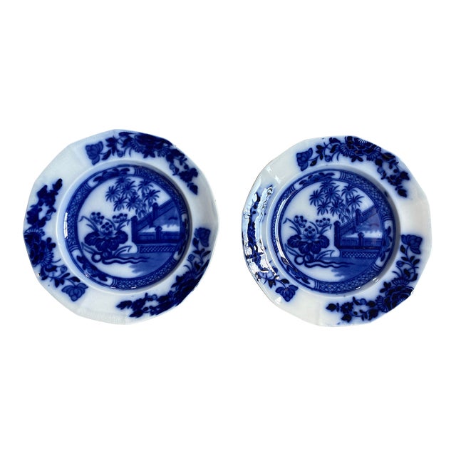 Pair of Antique Samuel Alcock Flow Blue Chinoiserie Plates For Sale