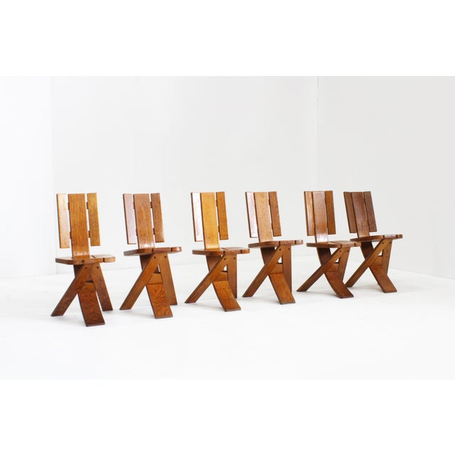 Vintage Brutalist Sculptural Dining Chairs in Oak from Ebénisterie Seltz, France, 1970s, Set of 6 For Sale - Image 3 of 11