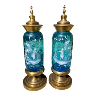 Pair of Covered Brass & Blue Art Glass Urns For Sale