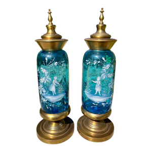 Pair of Covered Brass & Blue Art Glass Urns