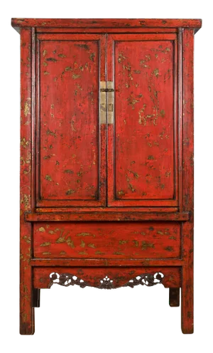 Chinese Qing Dynasty Original Red Lacquer Cabinet with Gilt Chinoiserie Decor