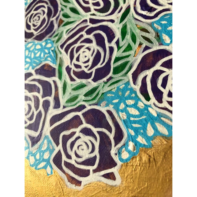 Textile Original Painting on Canvas by CL Auker “Roses on Gold With Blue” For Sale - Image 7 of 9