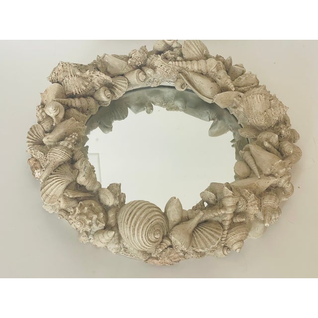 Grotto vintage round sea shells plaster mirror Serge Roche style.