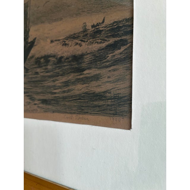 This original antique etching by Danish artist Carl Locher, signed and dated 1900, shows a group of fishermen sailing...