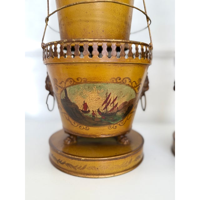 Pair of Antique French Tole Tulipieres With Hand-Painted Scenic Panels For Sale - Image 11 of 17