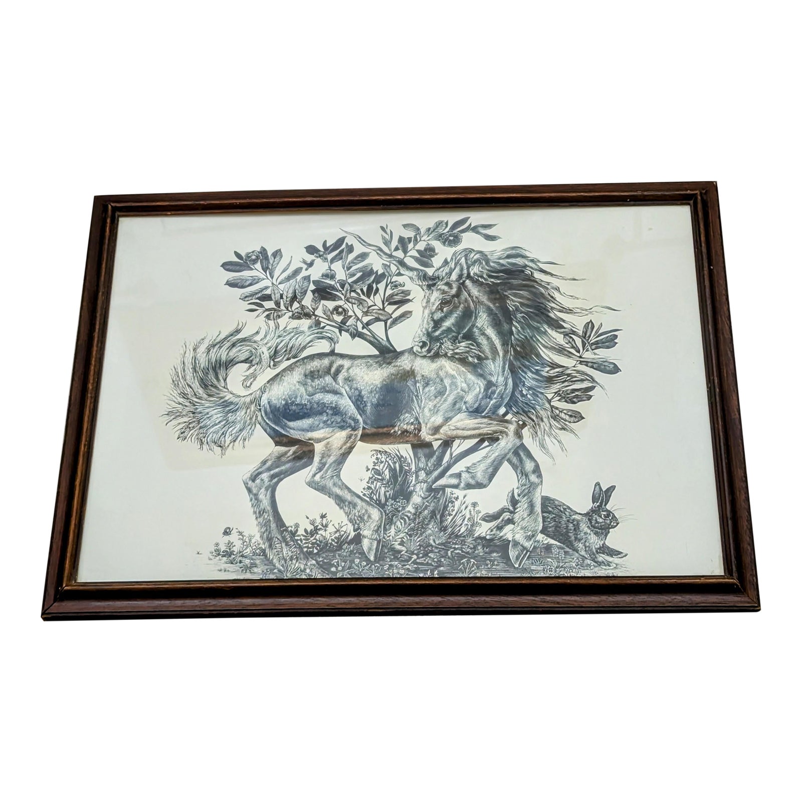 1980s Melody Pena Unicorn Prancing Stallion Print~1981~Framed Black ...