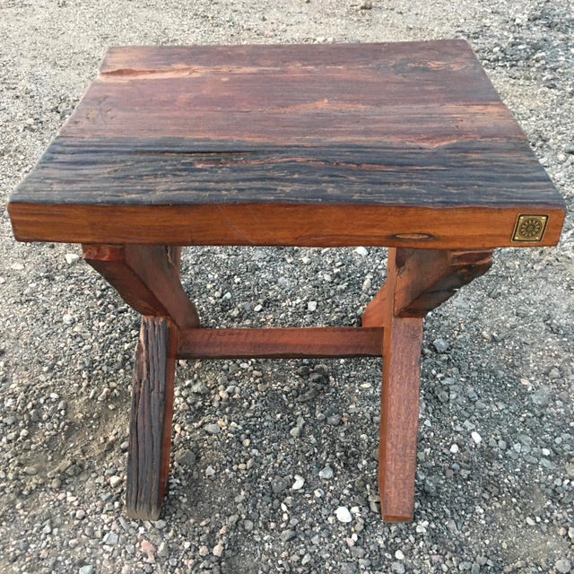 Repurposed teak wood tressel side table, off a seemingly ancient ship or vessel