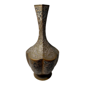 19th Century Ottoman Empire Mamluk Revival Copper With Silver Inlay Vase 15.5"h