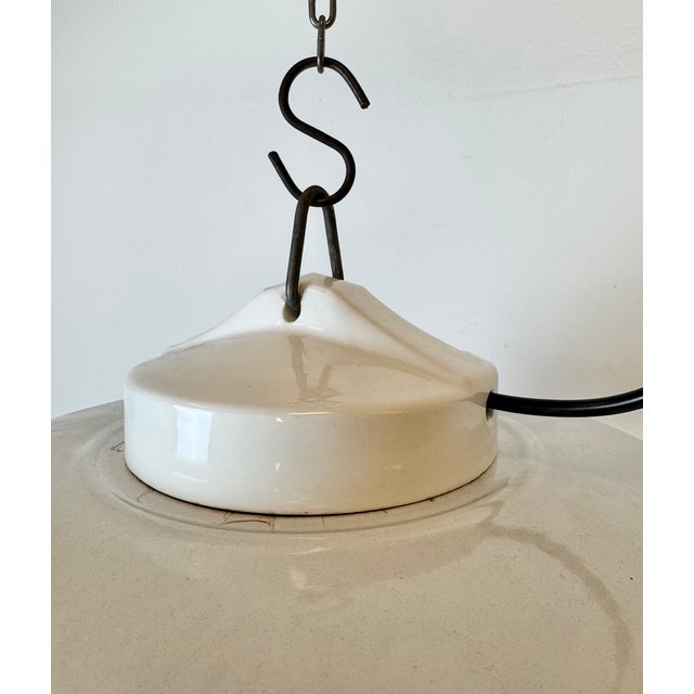 Gray Industrial Grey Enamel Factory Pendant Lamp with Glass Cover, 1960s For Sale - Image 8 of 18