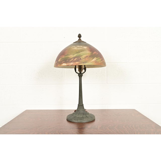 Antique Arts & Crafts Table Lamp With Painted Glass Landscape Scene Shade, Circa 1920s For Sale - Image 15 of 16
