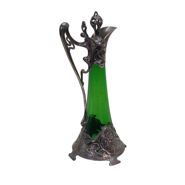 Antique Germany WMF Art Nouveau green glass and silver-plated/pewter claret jug / pitcher / wine carafe. Circa 1900–1906....