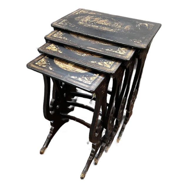 Antique Chinese Export Black Lacquer & Gilt Quartetto Nesting Tables For Sale