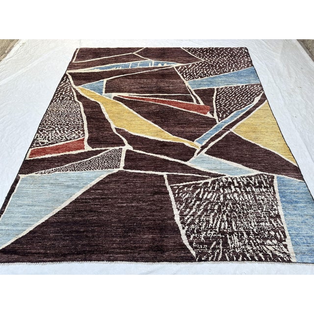 Modern Abstract Handmade Wool Rug in Burgundy and Blue For Sale - Image 4 of 8