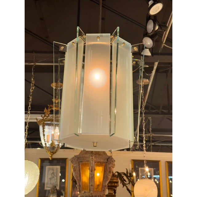 Pair of Italian Modern Pale Green Frosted Glass Lanterns For Sale - Image 4 of 7