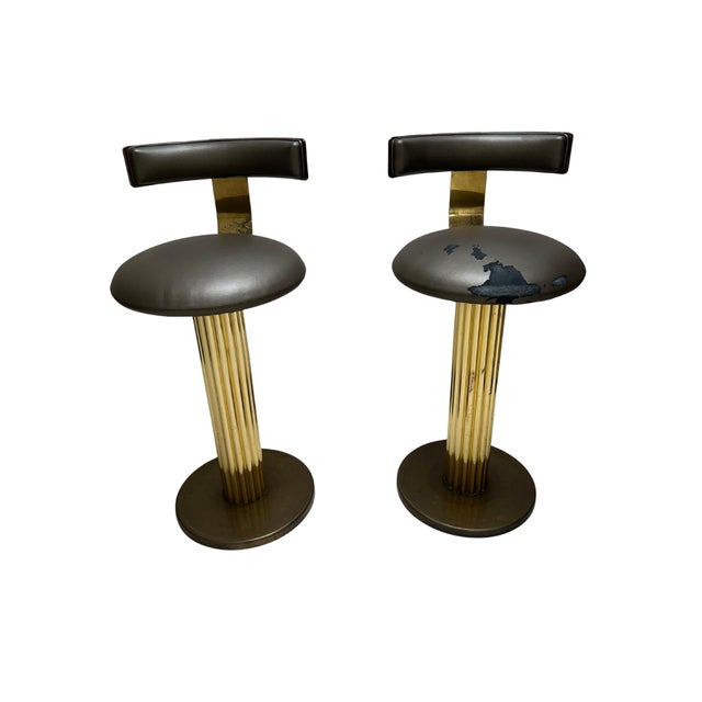 Modern 1980s Design for Leisure Brown Leather and Brass Barstool Set (2) For Sale - Image 3 of 3