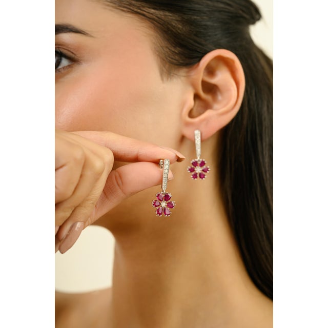 Not Yet Made - Made To Order Natural 2.56ct Pinkish Ruby Floral Diamond Cluster Drop Earrings in 18k White Gold- A Pair For Sale - Image 5 of 11