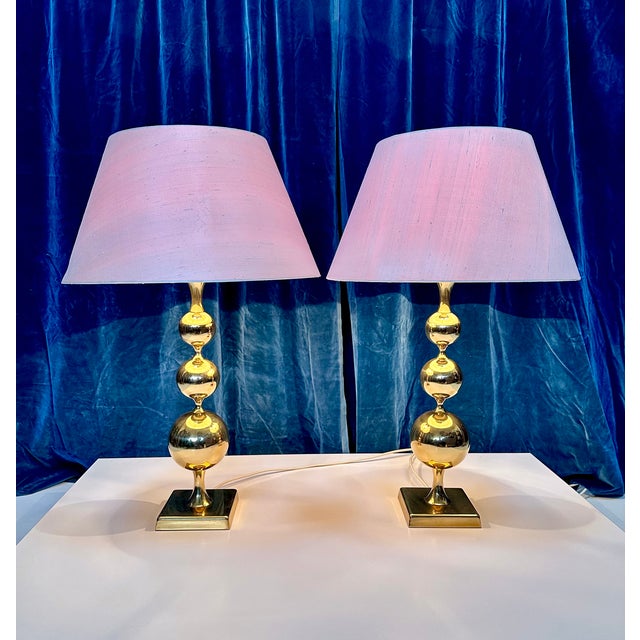 Large Table Lamps with Sculptural Brass Ball Bases, 1970s, Set of 2 For Sale - Image 4 of 18