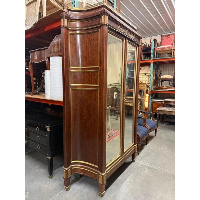 Brown Directoire Louis XVI Style Bronze and Brass Trimmed Beveled Mirror Armoire For Sale - Image 8 of 13