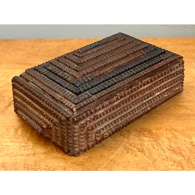 Coffee Vintage Tramp Art Wood Box For Sale - Image 8 of 12