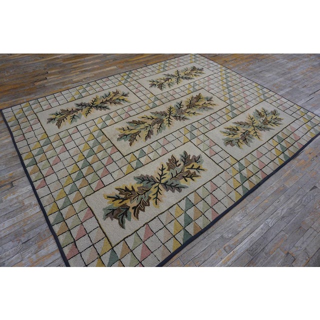 1930s Ivory Crean Floral Folk Art Antique American Hooked Rug 7'10'' X 10' Handknotted Wool Carpet For Sale In New York - Image 6 of 12