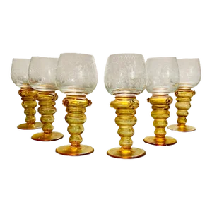 Vintage Theresienthal Etched Orange Crystal Wine Glasses- Set of 6