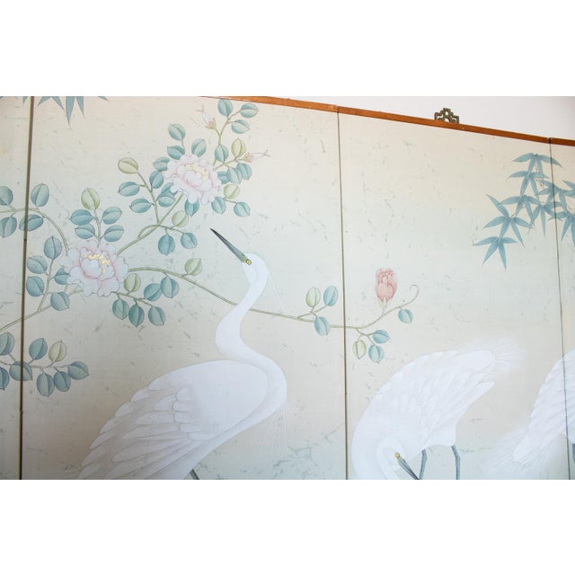 C. 1970s Chinoiserie Silk Screen "Egrets, Bamboo and Peonies" For Sale - Image 9 of 18