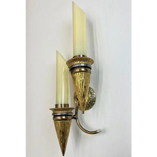 Mid-Century Modern Art Deco Bronze Torchiere Wall Light with Glass Candles, 1950s For Sale - Image 3 of 12