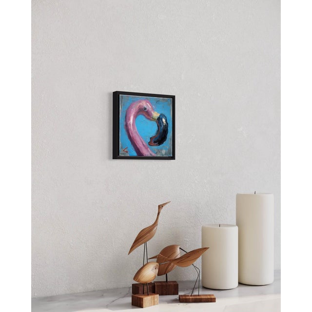 Inflatable Flamingo I by Andreas Claussen | Oil on canvas Pink flamingo with black accent. For Sale - Image 4 of 5