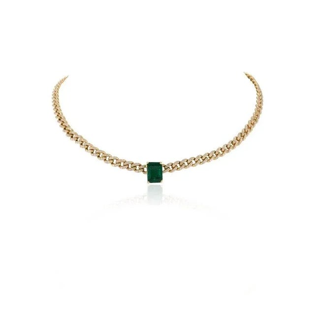 Gold Statement 2.72ct Emerald & 2.52ct Diamond Choker Necklace in 18k Solid Gold for Women For Sale - Image 8 of 14