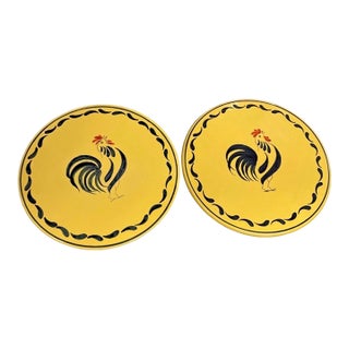 Vintage French Country Yellow Ceramic Rooster Placemats / Trivets - a Pair For Sale