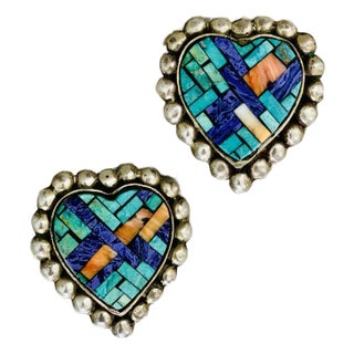 Early Vintage 1980’s Dian Malouf Oxidized Sterling Heart Earrings With Turquoise, Sugilite, & Spiny Oyster Mosaic Center & Beaded Silver Surround For Sale