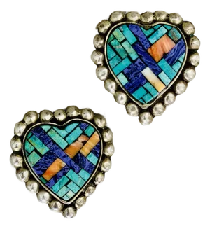 Early Vintage 1980’s Dian Malouf Oxidized Sterling Heart Earrings With Turquoise, Sugilite, & Spiny Oyster Mosaic Center & Beaded Silver Surround
