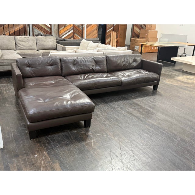 Brown Contemporary Leather Sectional + Left Chaise, Dark Brown For Sale - Image 8 of 12