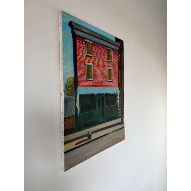 Mid-Century Modern 1980’s j.d. Fotopoulos “West End Cafe” Urban Streetscape Oil on Canvas – Unframed For Sale - Image 3 of 12