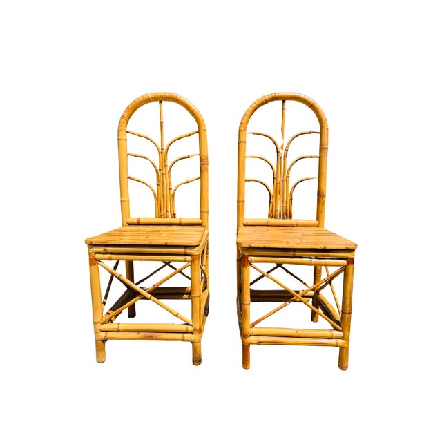 Pair of Vintage Hollywood Regency Bamboo & Rattan Dining Chairs | Palm Beach Coastal Chinoiserie Bent Bamboo High-Back...