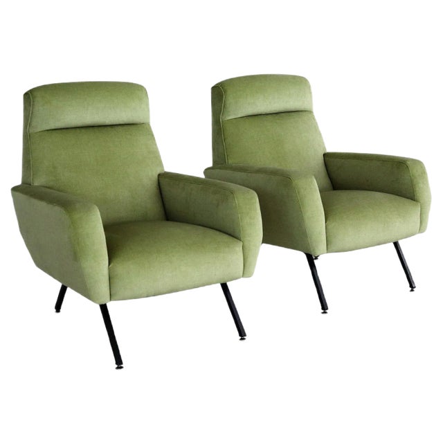 Set of Italian Armchairs in Green Velvet, 1960s For Sale
