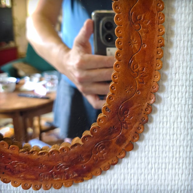 Vintage Embossed Leather Mirror, 1960s For Sale - Image 9 of 16