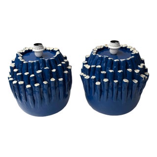 Contemporary Pair of Blue Anemone Ceramic Lamps. Italie For Sale