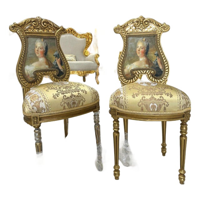 French Rococo Gold Accent Chair With Lady Portrait Set of 2 For Sale