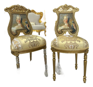 French Rococo Gold Accent Chair With Lady Portrait Set of 2