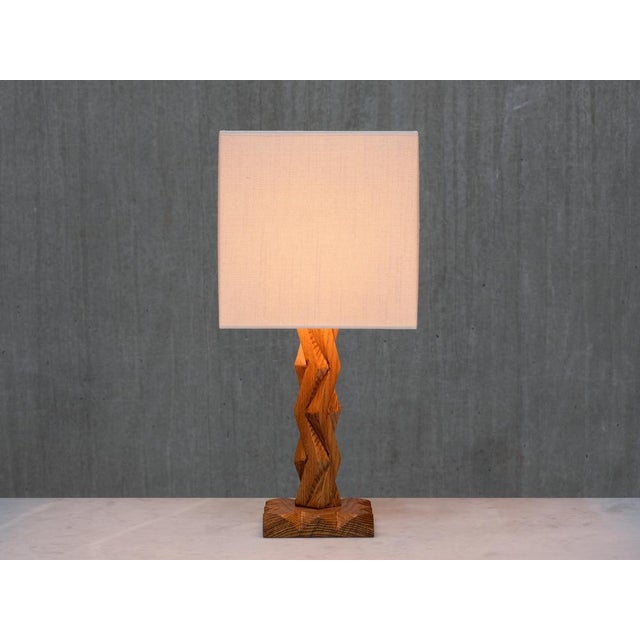 French Art Deco Geometric Oak Table Lamp with Linen Shade, Late 1930s For Sale - Image 10 of 14