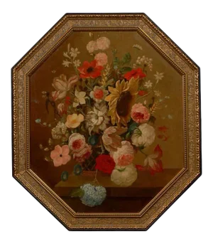 Early 19th Century French Restoration Period Octagonal Painting Bouquet Still Life Oil Painting, Framed