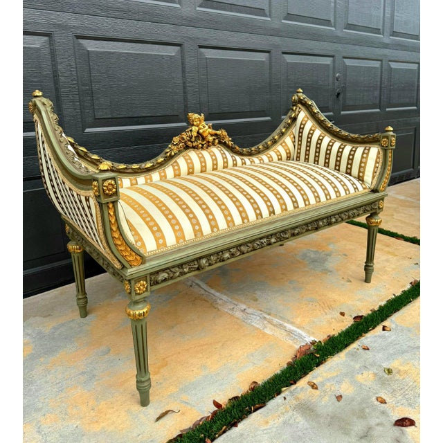 2000 - 2009 French Style Golden Settee – Damask Upholstery With Gold Leaf Details For Sale - Image 5 of 10