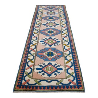Hand-Knotted Turkish Wool Rug . Oushak Runner Rug Pink Hallway Decor2′9″ × 9′1″ For Sale