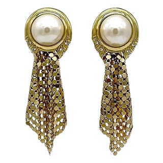 Whiting & Davis Art Deco Style Gold Mesh & Pearl Drop Earrings For Sale