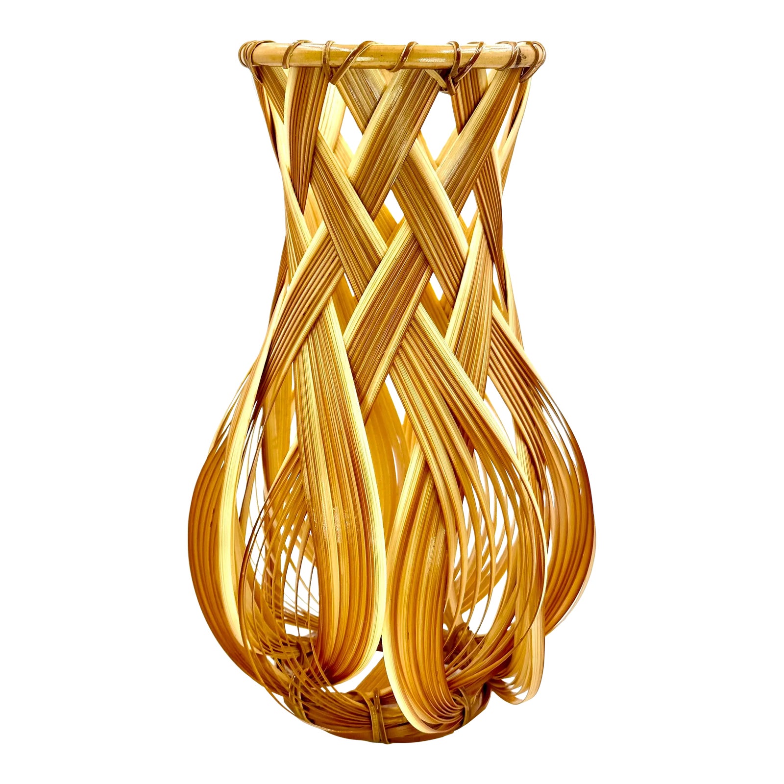 Mid Century Japanese Bamboo Basket Vase Vintage | Chairish