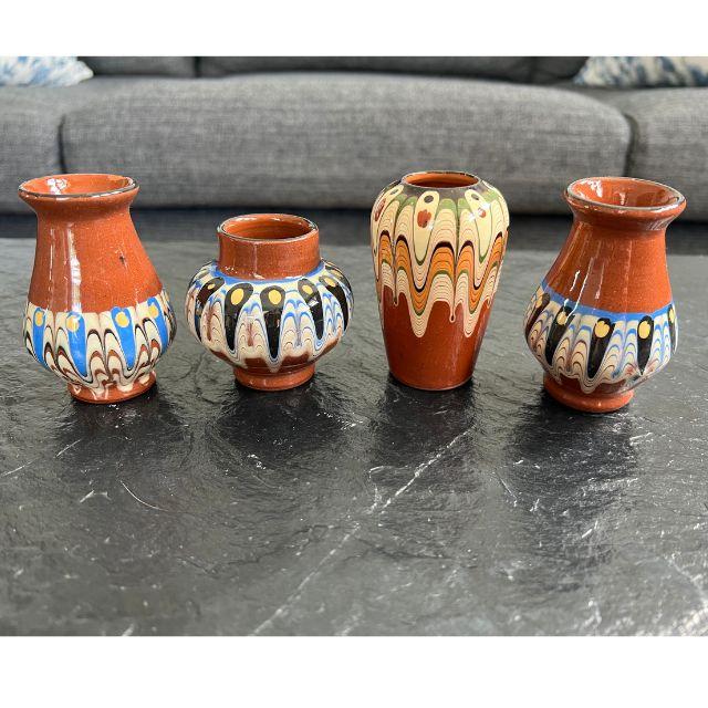 This is a beautifully rustic four (4) piece set of mid-century Bulgarian Troyan Redware Pottery mini vases. These vases...