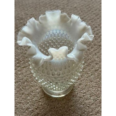 Glass Vintage Fenton Art Glass 6" Tall Opalescent Hobnail Vase Ruffled Top Circa 1960's For Sale - Image 7 of 12