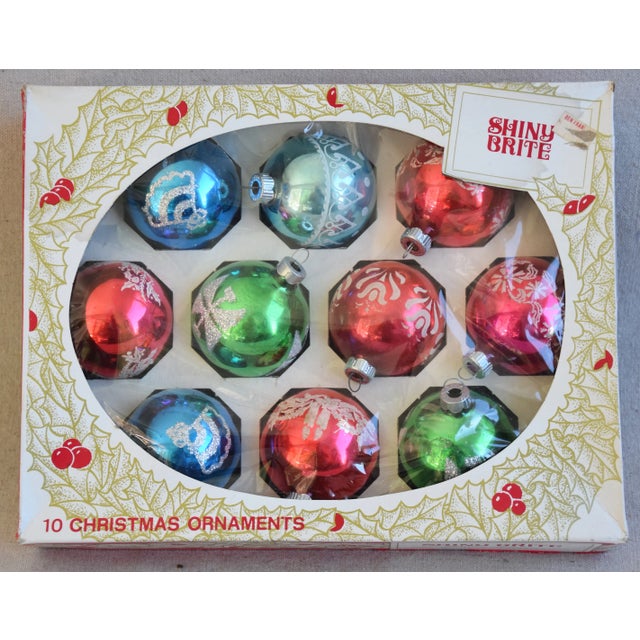 Set of 10 vintage hand-decorated glass Christmas tree ornaments with box. No maker's mark. Ornaments, 2.25"Dia x 2.5"H;...